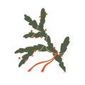 Christmas fir tree branch decorated with festive ornament, decor. Xmas spruce, firtree twig with decoration for winter