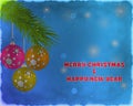 Christmas fir tree branches with balls decoration isolated on blue background with copy space Royalty Free Stock Photo