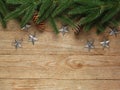 Christmas fir tree with decoration on wooden board background with copy space Royalty Free Stock Photo