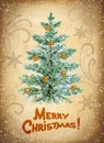 Christmas fir tree with decorative balls and greeting text, watercolor illustration on vintage background, hand drawn card with Royalty Free Stock Photo