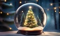 Christmas fir tree with garland lights in a glass ball on a blurred snowy forest bokeh background.New Year, winter holidays banner Royalty Free Stock Photo