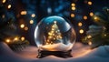 Christmas fir tree with garland lights in a glass ball on a blurred snowy forest bokeh background.New Year, winter holidays banner Royalty Free Stock Photo