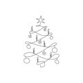 Christmas fir tree mono line curl spiral origami logo star bulbs balls white background. Black sign pine hand drawn winter. New ye