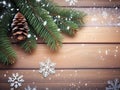 Christmas Fir Tree On Wooden Background With Snowflake. frame teks. Ai generated image. Royalty Free Stock Photo