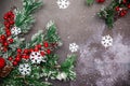 Christmas fir twigs with red berries and snowflakes on dark background