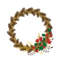 Christmas Fir Wreath with Copy Space. Pine wreath with Red and Green holly berries on Brown branches isolated on white background Royalty Free Stock Photo