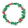 Christmas Fir Wreath with Copy Space. Pine wreath with Red holly berries on green branches isolated on white background. Merry Royalty Free Stock Photo