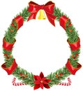 Christmas fir wreath with red ribbon and bell Royalty Free Stock Photo