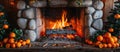 Christmas Fireplace Adorned With Oranges and Pine Cones Royalty Free Stock Photo