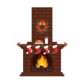 Christmas fireplace in colorful cartoon flat style. Milk and cakes, stockings. Vector. Merry Christmas and happy New year.