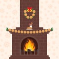 Christmas fireplace in colorful cartoon flat style. Orange garland. Merry Christmas and happy New year.