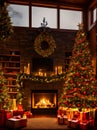 Christmas fireplace with cozy cinematic warm lighting.