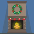 Christmas fireplace with decorations. Christmas wreath, stockings, flame. Vector illustration. Royalty Free Stock Photo