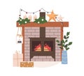 Christmas fireplace design. Xmas fire place, brick fireside decoration. Home hearth, furnace with winter holiday Royalty Free Stock Photo