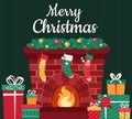 Christmas fireplace with fir tree, gifts, decoration, stockings, garland. Vector illustration.