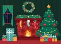 Christmas fireplace with fir tree, gifts, wreath, stockings, garland. Vector illustration. Royalty Free Stock Photo