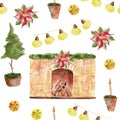 Christmas fireplace, garland, tree and poinsettia watercolor seamless pattern