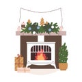 Christmas fireplace with holiday decoration, Xmas gift box. Festive winter fireside with fire, fir branch ornament on