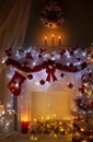 Christmas Fireplace in Night Lights Interior, Xmas Home Room Royalty Free Stock Photo