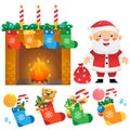 Christmas fireplace with ornaments. Santa Claus. Socks, Christmas boots with gifts, toys and sweets. Christmas. New year. Royalty Free Stock Photo