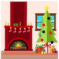 Festive vector room for New year and Christmas. Christmas tree  gifts  decoration  fireplace. Royalty Free Stock Photo