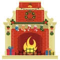 Christmas fireplace with socks, gifts, decorations and wreath. Sample of the poster, invitation and other cards. Flat style vector