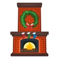 Christmas Fireplace with Xmas Sock Icon Concept. Fireside on White Background. Furniture Symbol, Icon and Badge. Cartoon Vector
