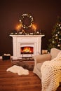 Christmas Fireplace and Xmas Tree, Presents Gifts Decorations Royalty Free Stock Photo
