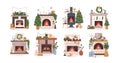 Christmas fireplaces set. Home fire places with socks, stockings, gifts, candles, firs and Xmas decoration. Warm cozy