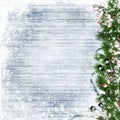 Christmas firtree with holly, snowfall on wooden white board