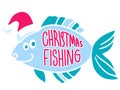 Christmas fish in Santa red hat. Vector winter fishing symbol hand drawn illustration with holiday text isolated on white