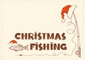 Christmas fishing card background with text .Vintage winter image with fishing tackle Royalty Free Stock Photo