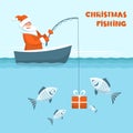 Christmas fishing card. Santa Claus fishing in his boat. Vector Winter holiday illustration background with Christmas text