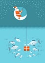 Christmas fishing card. Santa Claus with present box fishing sitting on moon. Vector Winter holiday illustration