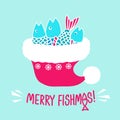 Christmas fishing. Fishes in Santa red hat. Vector winter fishing illustration with holiday text isolated on white. Merry fishmas