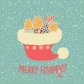 Christmas fishing. Fishes in Santa red hat. Vector winter fishing illustration with holiday text on vintage card. Merry fishmas ch