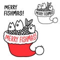 Christmas fishing in Santa red hat. Vector winter fishing symbol hand drawn illustration with holiday text isolated on white. Merr