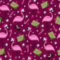 Christmas flamingo seamless pattern. Funny flamingos in Santa\'s hat. Gift box and candy cane