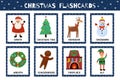 Christmas flashcards collection for kids. Flash cards set with cute winter characters