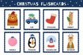 Christmas flashcards collection for kids. Flash cards set with cute winter characters