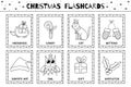 Christmas flashcards black and white collection for kids. Flash cards set with cute winter characters