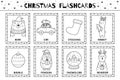 Christmas flashcards black and white collection for kids. Flash cards set with cute winter characters