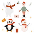 Christmas flat characters in cartoon style. Contains cute vector characters like penguin, polar bear, snowman and little Royalty Free Stock Photo