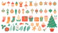 Christmas flat elements. Festive trees with toys and garlands, gingerbread, xmas socks and gift box colorful New Year