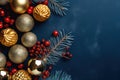 Christmas flat lay border with color glass balls, fir tree twigs and gift box, copy space on blue background Royalty Free Stock Photo