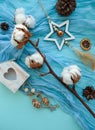 Christmas flat lay concept on blue and mint Biscay green. Handicraft wooden decor Royalty Free Stock Photo