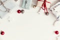 Christmas flat lay. modern christmas layout with ornaments and g Royalty Free Stock Photo