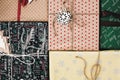 Christmas flat lay. stylish wrapped gift boxes top view, with or