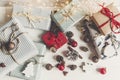 Christmas flat lay. wrapped presents with ornaments and pine co Royalty Free Stock Photo