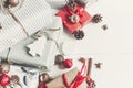 Christmas flat lay. wrapped presents with ornaments and pine co Royalty Free Stock Photo